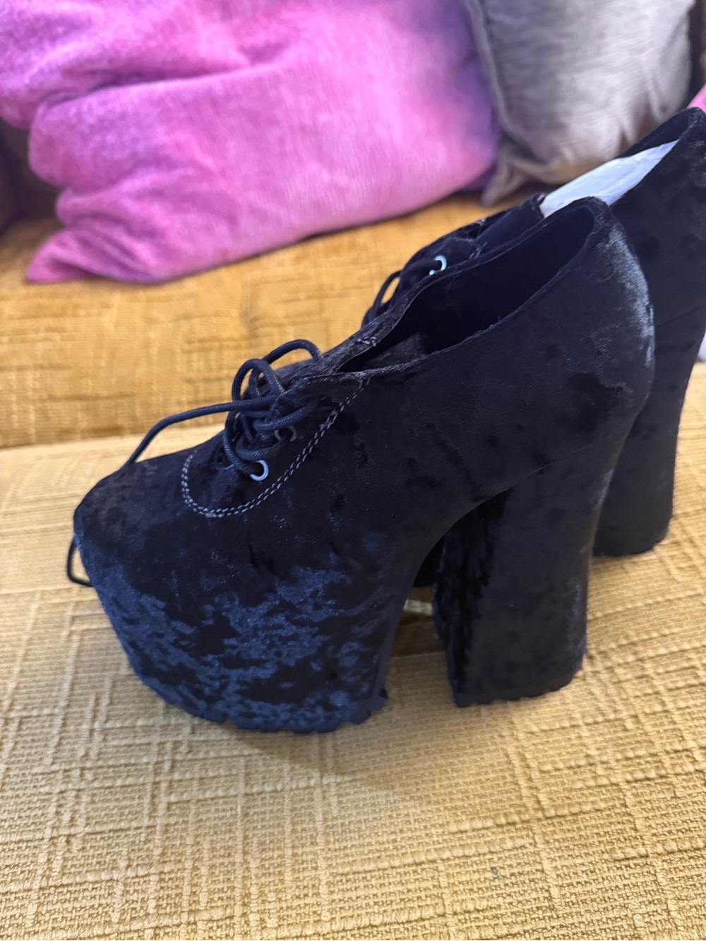 Dolls Kill Navy Blue Crushed Velvet Platform Lace-Up Heels - Picture 3 of 6